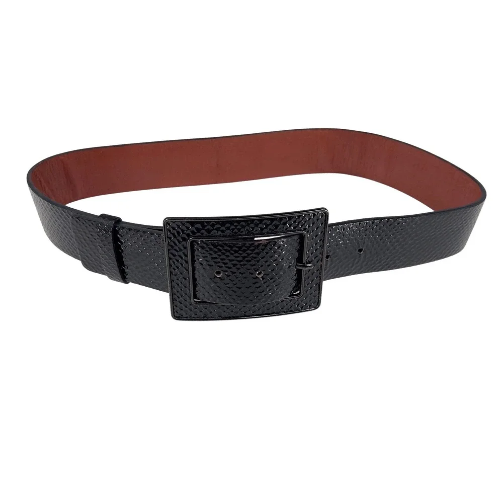 Women's Wide Black Leather Belt M Snakeskin Embossed Oversized Vintage Statement